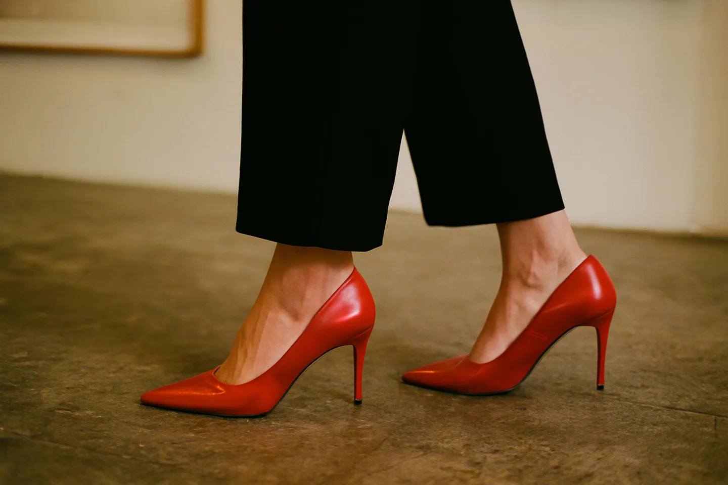 Beton zeminli bir sanat galerisinde duran kadının ayakları; parlak kırmızı, sivri burunlu stiletto ve siyah kumaş pantolon.